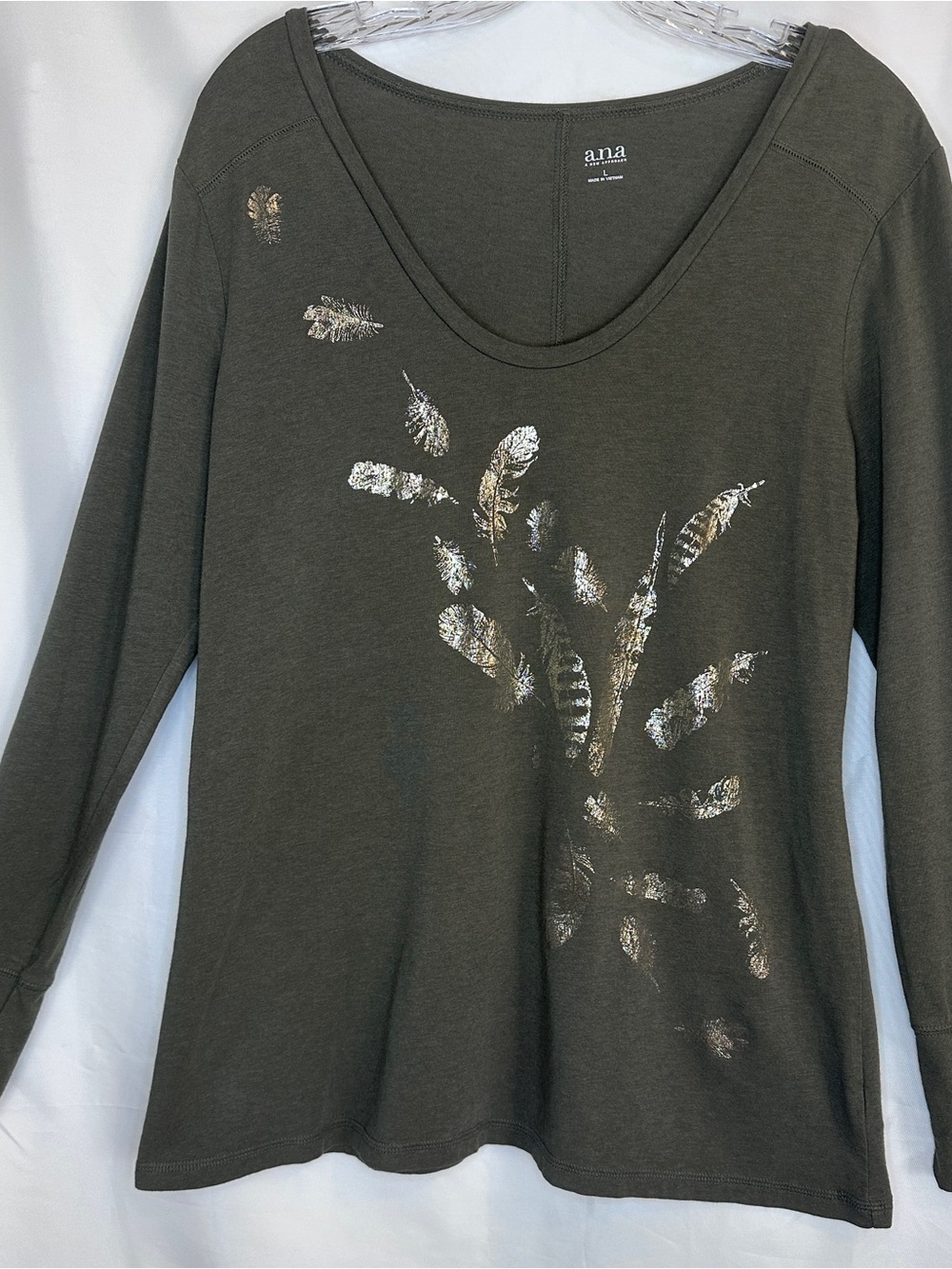 a.n.a Olive Green Long Sleeve Top with Metallic Feather Motif